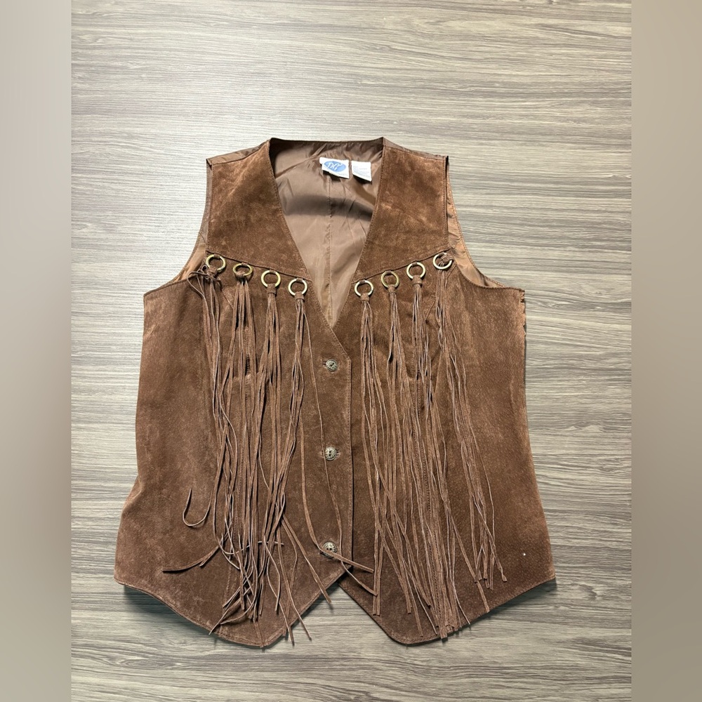 Vintage Brown Suede Leather Fringe Vest DG2 by Diane Gilman Size M , Great Quali